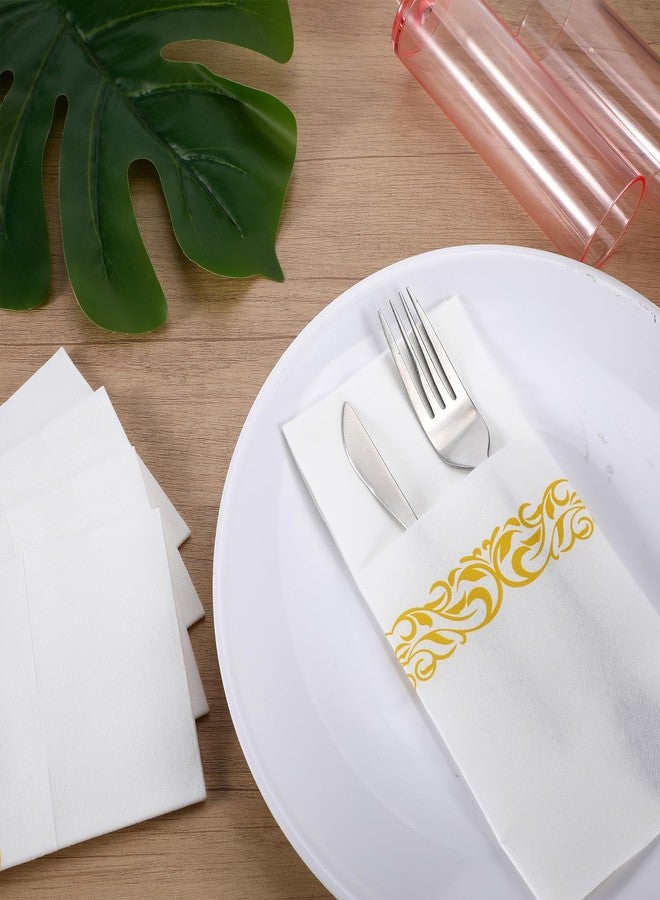 Lemecima 100 Pack White and Gold Napkins Disposable Linen Feel Dinner Napkins with Built-in Flatware Pocket Gold Trim Lined Pre Folded Napkins Cloth for Wedding Dinner Party Events - Image 3